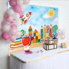 Lofaris Cartoon School Learning Photography Backdrop with Rocket and Globe Colorful Educational Background for Kids Photoshoot