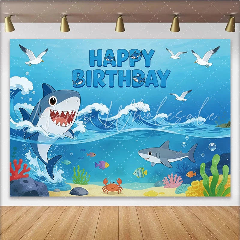 Lofaris Cartoon Shark Happy Birthday Backdrop with Ocean Waves Colorful Marine Life Party Background for Kids Photos