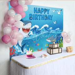 Lofaris Cartoon Shark Happy Birthday Backdrop with Ocean Waves Colorful Marine Life Party Background for Kids Photos