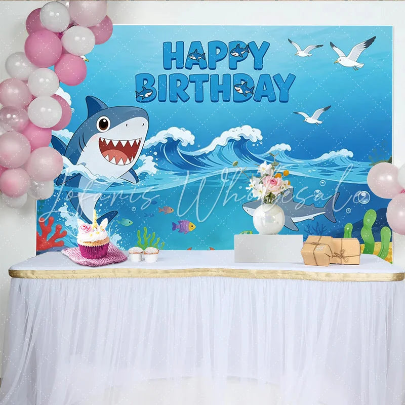 Lofaris Cartoon Shark Happy Birthday Backdrop with Ocean Waves Colorful Marine Life Party Background for Kids Photos