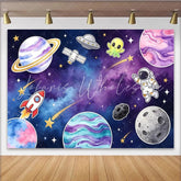 Lofaris Cartoon Space Photography Backdrop with Astronaut Planets and Rocket Ship Vibrant Galaxy Studio Background for Kids Birthday Decor