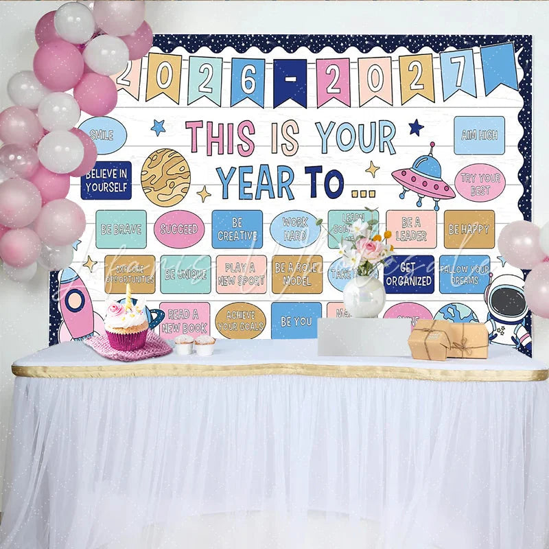 Lofaris Cartoon Space Photography Backdrop with Motivational Phrases and Astronaut White Wood Texture for Classroom or Studio Photoshoot