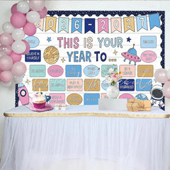 Lofaris Cartoon Space Photography Backdrop with Motivational Phrases and Astronaut White Wood Texture for Classroom or Studio Photoshoot