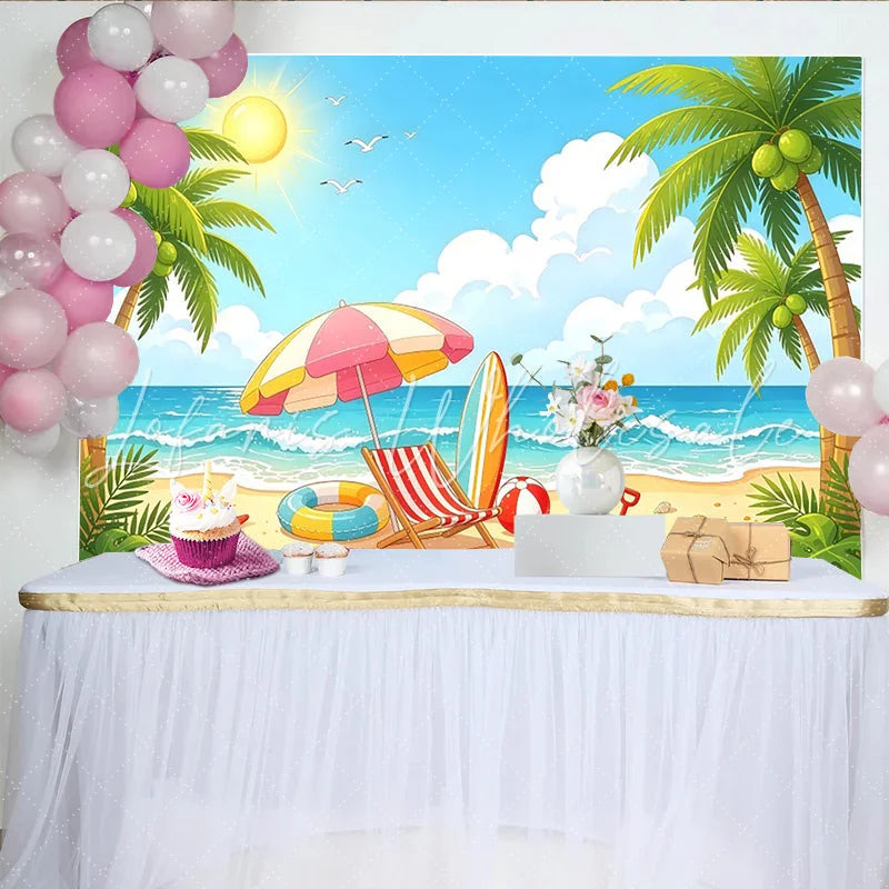 Lofaris Cartoon Summer Beach Photography Backdrop with Palm Trees and Ocean Vibrant Tropical Background for Kids Party and Studio