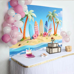 Lofaris Cartoon Tropical Beach Photography Backdrop with Palm Trees and Surfboards Summer Ocean Wave Background for Photoshoot