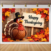 Lofaris Cartoon Turkey Happy Thanksgiving Backdrop with Autumn Leaves Rustic Wood Background for Fall Party Decor and Photo Booth