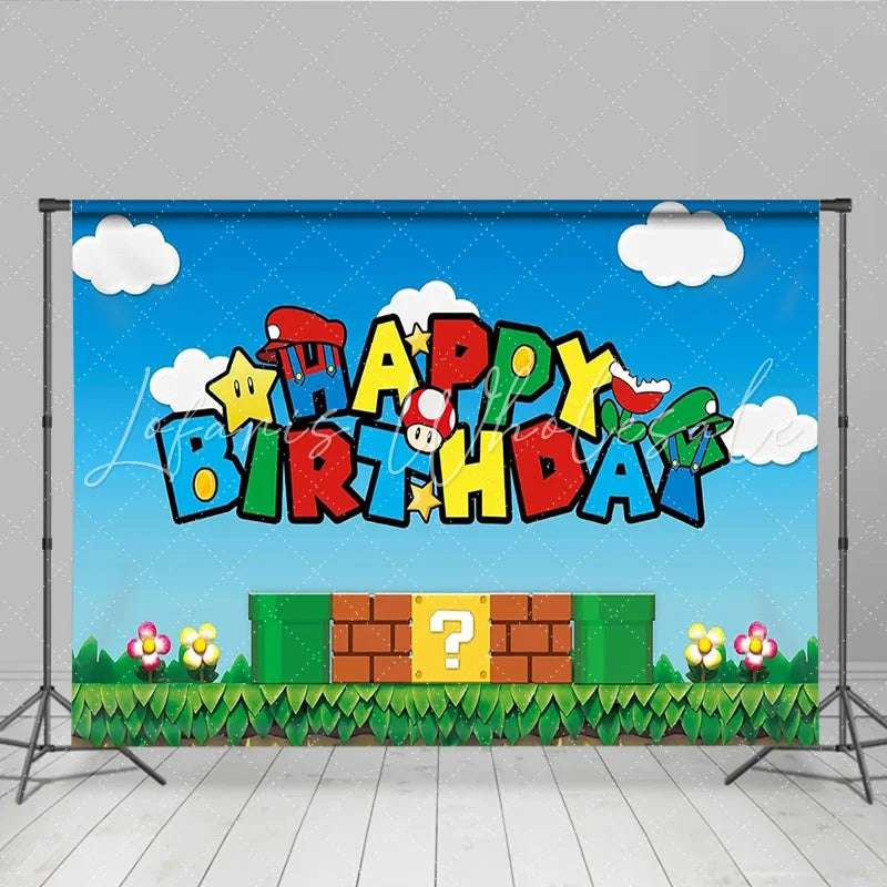 Lofaris Cartoon Video Game Birthday Backdrop Super Plumber Adventure Party Decoration Blue Sky Mushroom Level Photo Background