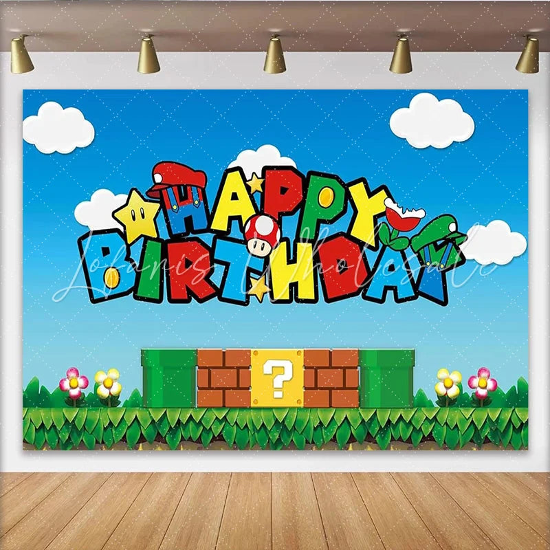 Lofaris Cartoon Video Game Birthday Backdrop Super Plumber Adventure Party Decoration Blue Sky Mushroom Level Photo Background