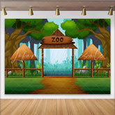 Lofaris Cartoon Zoo Birthday Backdrop with Jungle Forest Entrance and Wooden Gate Wild Animal Theme Background for Kids Party Photoshoot