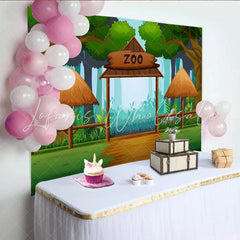 Lofaris Cartoon Zoo Birthday Backdrop with Jungle Forest Entrance and Wooden Gate Wild Animal Theme Background for Kids Party Photoshoot