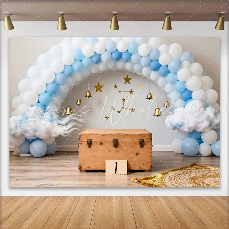Lofaris Celestial 1st Birthday Backdrop Blue and White Balloon Arch with Gold Bells and Stars for Boy