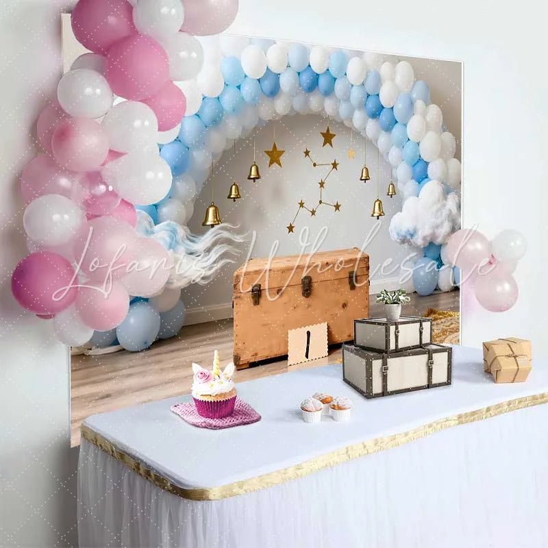 Lofaris Celestial 1st Birthday Backdrop Blue and White Balloon Arch with Gold Bells and Stars for Boy