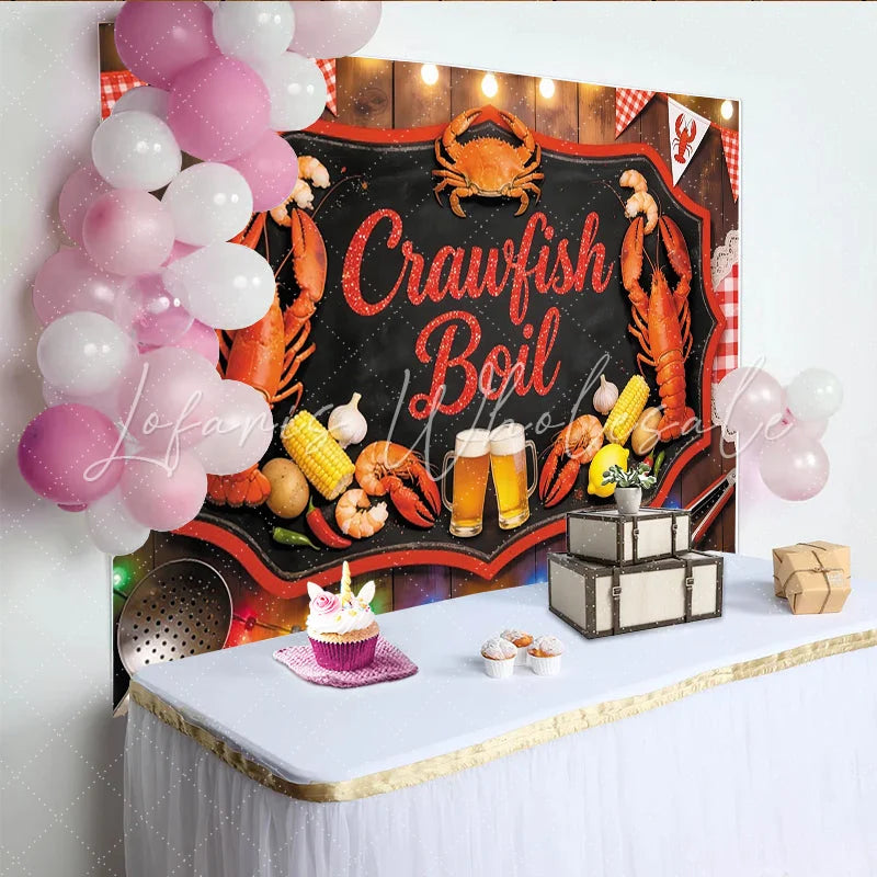 Lofaris Chalkboard Crawfish Boil Backdrop for Summer Party Red Checkered Banner for Backyard Feast Decoration