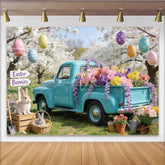 Lofaris Charming Easter Backdrop with Vintage Blue Truck Colorful Flowers and Spring Blossoms Festive Background for Holiday Celebration