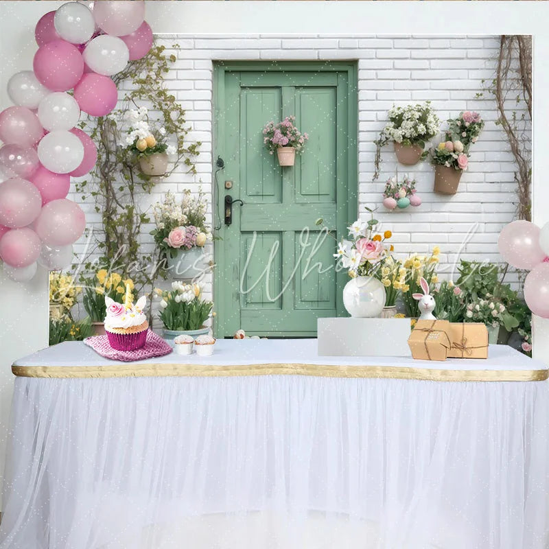 Lofaris Charming Green Door and White Brick Wall Spring Flowers Easter Party Backdrop Festive Celebration Decor