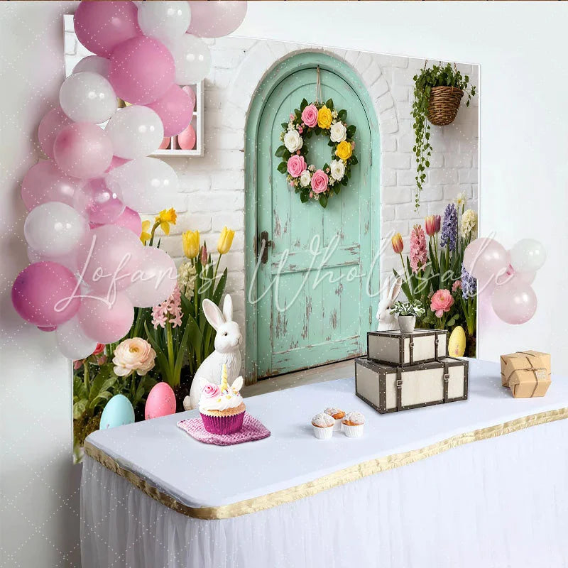 Lofaris Charming Pastel Mint Green Door Party Backdrop with Floral Wreath Easter Bunnies and Spring Flowers