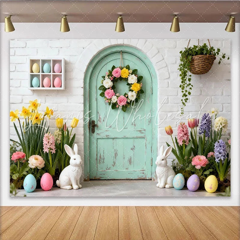 Lofaris Charming Pastel Mint Green Door Party Backdrop with Floral Wreath Easter Bunnies and Spring Flowers