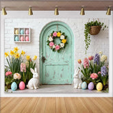 Lofaris Charming Pastel Mint Green Door Party Backdrop with Floral Wreath Easter Bunnies and Spring Flowers