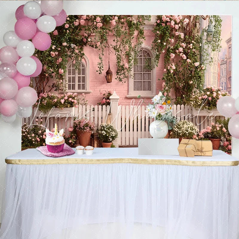 Lofaris Charming Pink House Photography Backdrop with Climbing Roses and White Fence Romantic Floral Garden Background for Spring Photoshoot