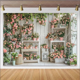 Lofaris Charming Pink Rose Floral Garden Photography Backdrop with Rustic White Wood Wall Elegant Studio Background for Portrait