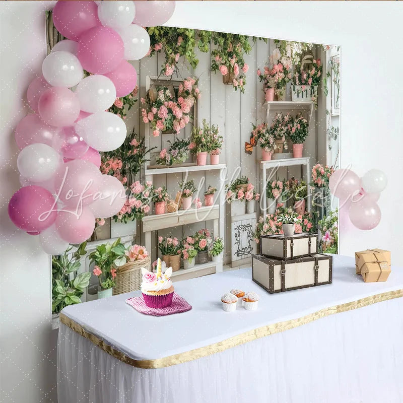 Lofaris Charming Pink Rose Floral Garden Photography Backdrop with Rustic White Wood Wall Elegant Studio Background for Portrait