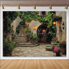 Lofaris Charming Rustic European Courtyard Photography Backdrop Stone Walls with Arch Door Green Ivy and Blooming Flowers