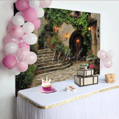 Lofaris Charming Rustic European Courtyard Photography Backdrop Stone Walls with Arch Door Green Ivy and Blooming Flowers