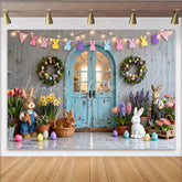 Lofaris Charming Rustic Wooden Door Easter Party Backdrop Colorful Bunny Garland and Spring Flowers for Festive Decor