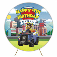 Lofaris Chase Paw Patrol 4th Birthday Round Backdrop Police Car and Cityscape Kids Cartoon Rescue Team Party Decor