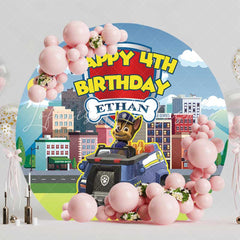 Lofaris Chase Paw Patrol 4th Birthday Round Backdrop Police Car and Cityscape Kids Cartoon Rescue Team Party Decor