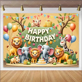 Lofaris Cheerful Cartoon Safari Animals Happy Birthday Backdrop featuring Lions Elephants and Zebra for Kids Party