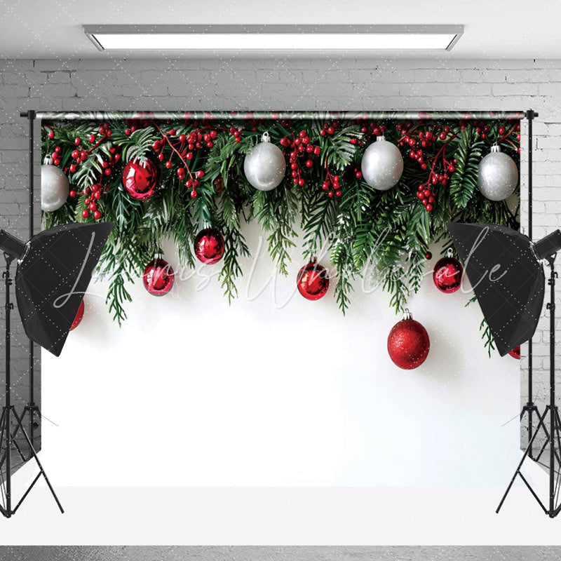 Lofaris Cherry Pine Leaves White Wall Christmas Backdrop