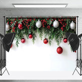 Lofaris Cherry Pine Leaves White Wall Christmas Backdrop