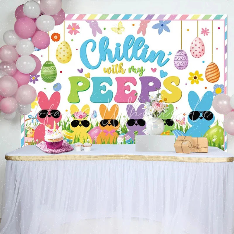 Lofaris Chillin With My Peeps Easter Backdrop Colorful Bunnies Sunglasses Spring Egg Hunt Party Decoration