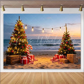 Lofaris Christmas Beach Backdrop with Decorated Trees Ocean Sunset and Gifts Festive Holiday Photography Background for Party Decor