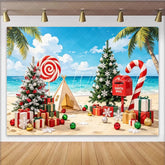 Lofaris Christmas Beach Photography Backdrop with Decorated Trees and Gifts Tropical Holiday Background for Festive Photoshoot