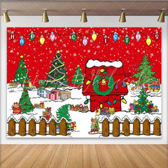 Lofaris Christmas Cartoon Yard Backdrop Red Doghouse and Winter Snow Photography Background Xmas Holiday Party Decoration Prop