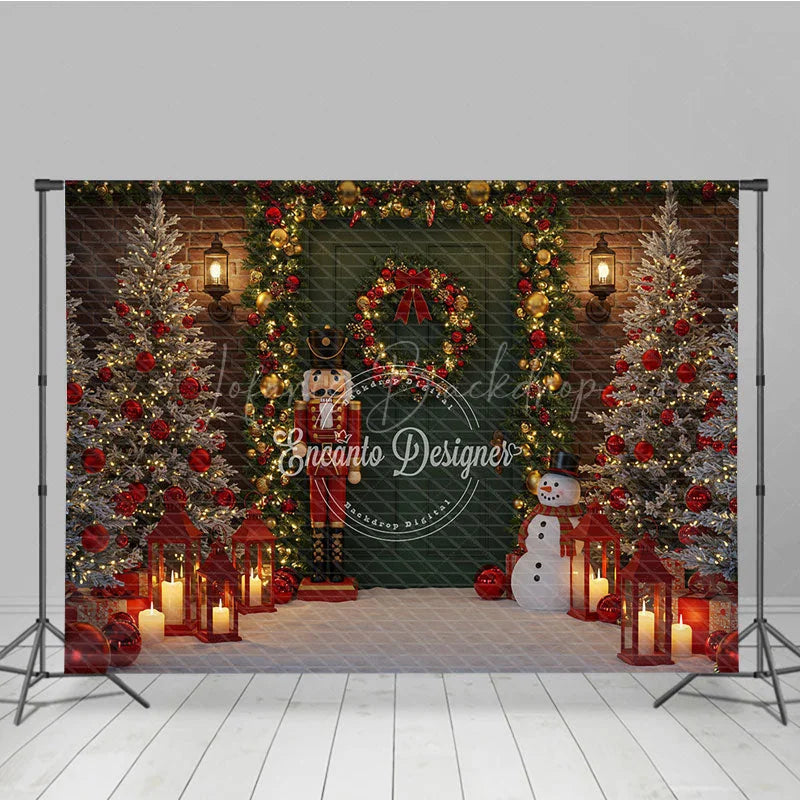 Lofaris Christmas Door Photography Backdrop with Nutcracker and Snowman Green Holiday Mini Session Background
