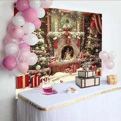Lofaris Christmas Fireplace and Candy Cane Tree Backdrop Red Stockings and Festive Gifts Decoration