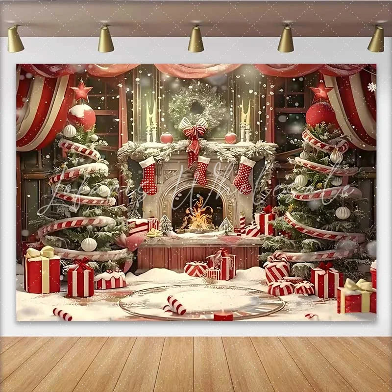 Lofaris Christmas Fireplace and Candy Cane Tree Backdrop Red Stockings and Festive Gifts Decoration