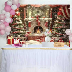 Lofaris Christmas Fireplace and Candy Cane Tree Backdrop Red Stockings and Festive Gifts Decoration