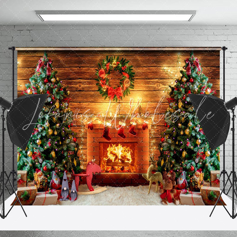 Lofaris Christmas Fireplace Wooden Wall Festive Backdrop