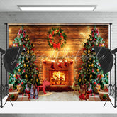 Lofaris Christmas Fireplace Wooden Wall Festive Backdrop