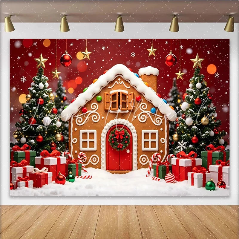 Lofaris Christmas Gingerbread House Backdrop with Decorated Trees and Gifts Snowy Winter Holiday Background for Family Photoshoots
