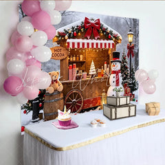 Lofaris Christmas Hot Cocoa Stand Backdrop with Snowman and Festive Decor Charming Winter Holiday Scene for Family Photos and Party