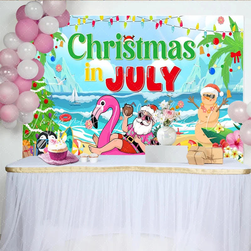 Lofaris Christmas In July Beach Party Backdrop with Santa and Snowman Summer Holiday Decoration for Photoshoot