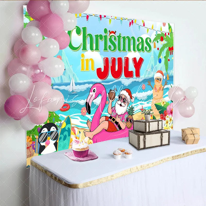 Lofaris Christmas In July Beach Party Backdrop with Santa and Snowman Summer Holiday Decoration for Photoshoot
