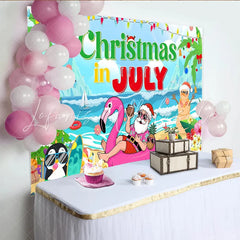 Lofaris Christmas In July Beach Party Backdrop with Santa and Snowman Summer Holiday Decoration for Photoshoot