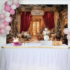 Lofaris Christmas Magic Bear House Backdrop Red Velvet Curtains and Teddy Bear Sled Decoration