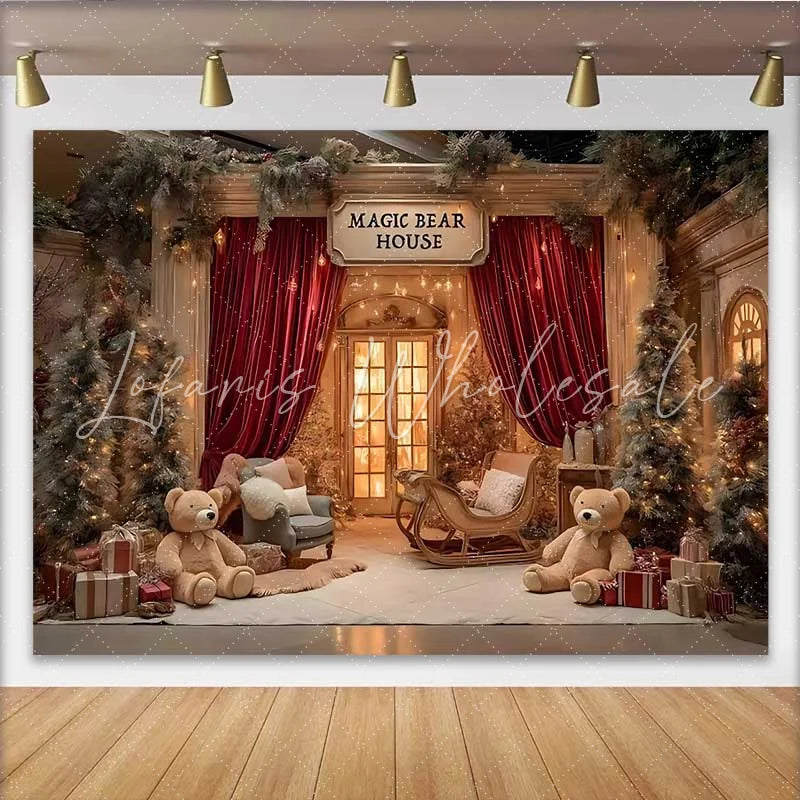 Lofaris Christmas Magic Bear House Backdrop Red Velvet Curtains and Teddy Bear Sled Decoration
